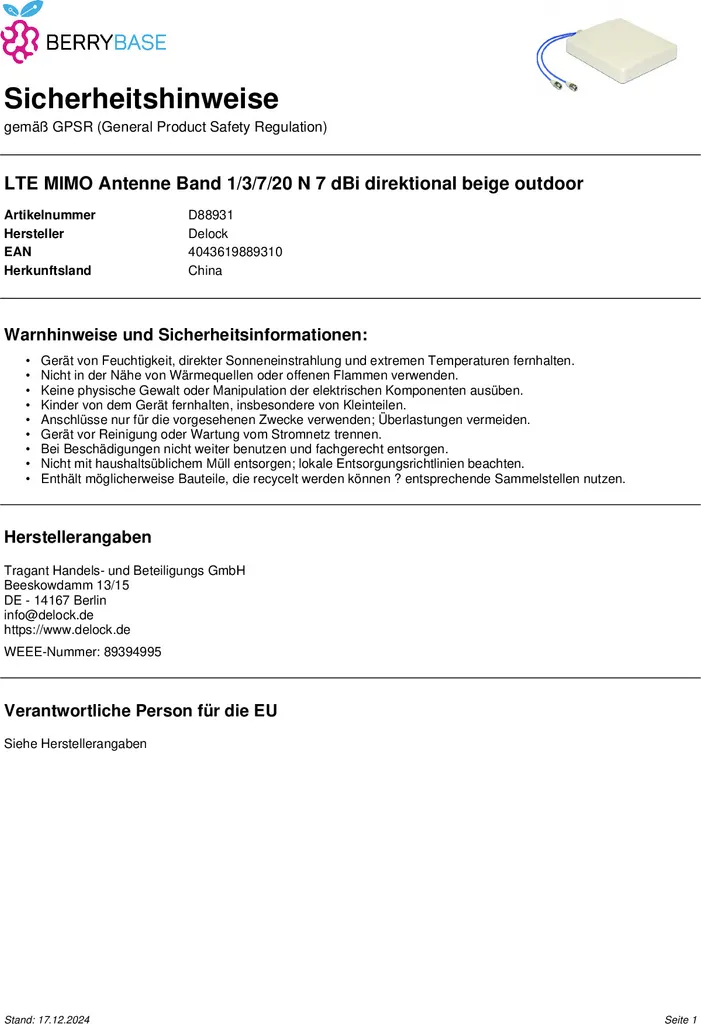 Antenne directionnelle 7 dBi avec connecteur N-Typ étanche Delock