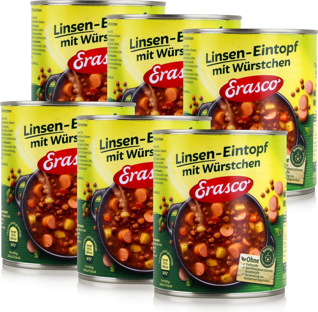 Erasco Linsen-Eintopf mit Würstchen 800g Fertigessen (6er Pack)