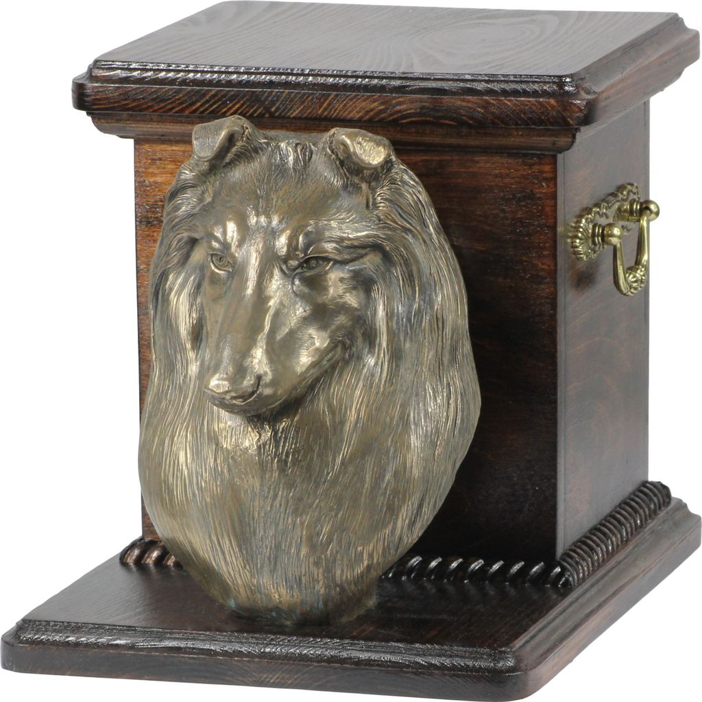 Schottischer Schäferhund - Eine Urne für die Asche eines Hundes mit einer Statuette, eine elegante Urne für einen Hund, eine außergewöhnliche ...