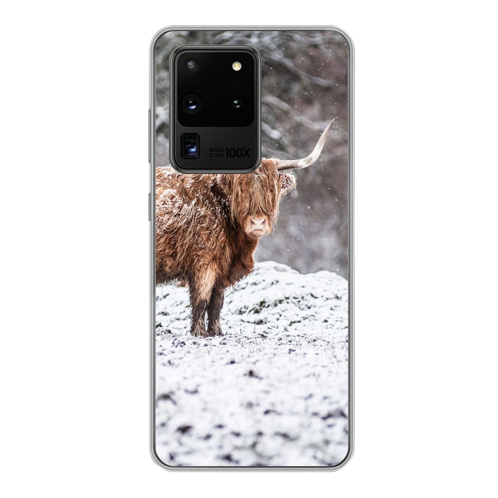 MuchoWow Handyhülle Schutzhülle Hülle für Samsung Galaxy S20 Ultra Schottischer Highlander - Baum - Schnee Silikon Softcase Handy Hülle - Ka...