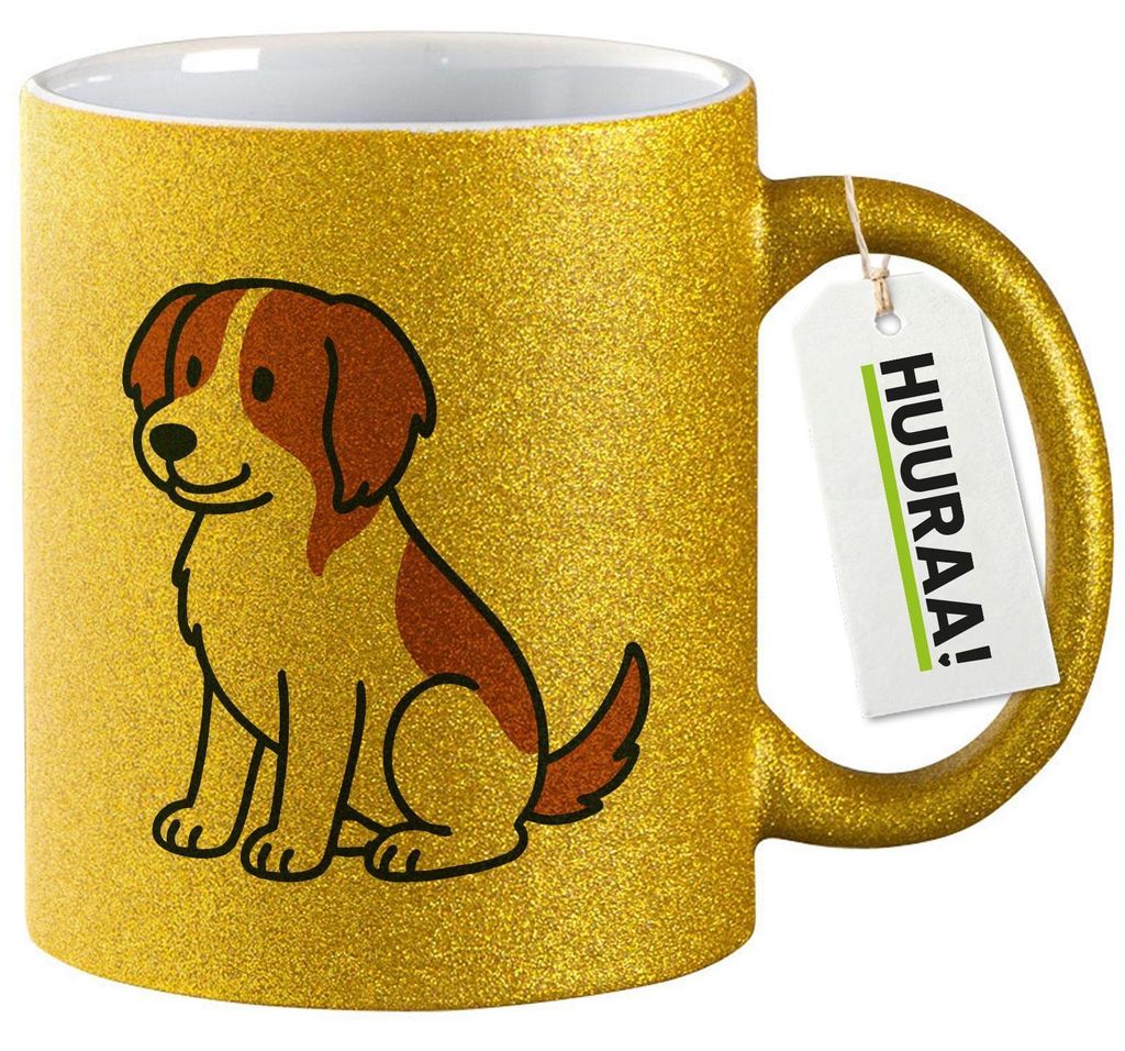Huuraa Glitzertasse Kooikerhondje Comic Kooikie 330ml Gold Keramik Kaffeebecher Geschenkidee