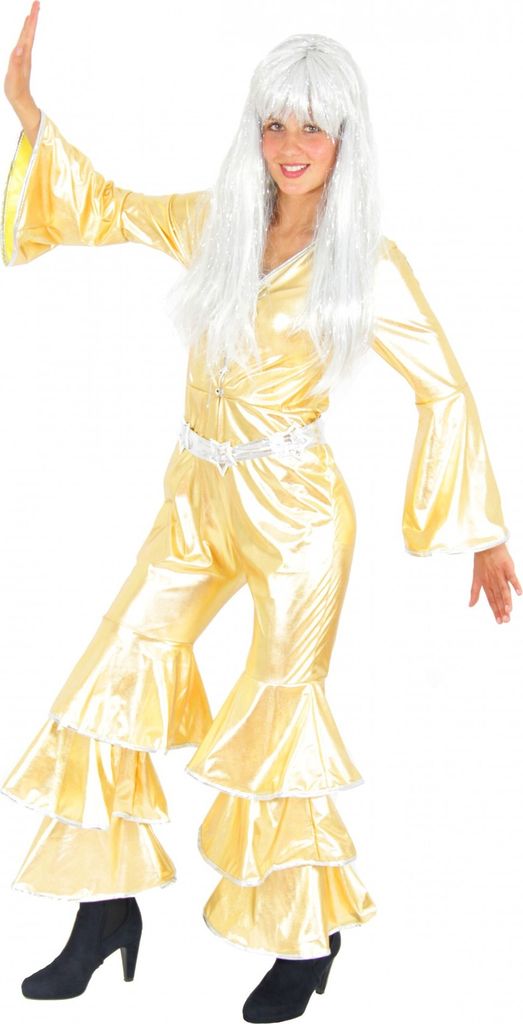 A woman wearing a 70s-style disco costume.