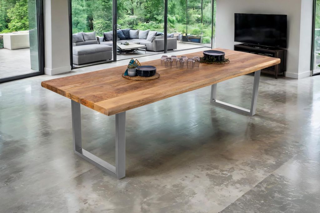 Esstisch Cali | 240 x 100 cm | Mangoholz | Farbe: Natur/rau | U-Gestell Metall Silber | Massivholz mit echter Baumkante | pflegeleichter Baumkanten...
