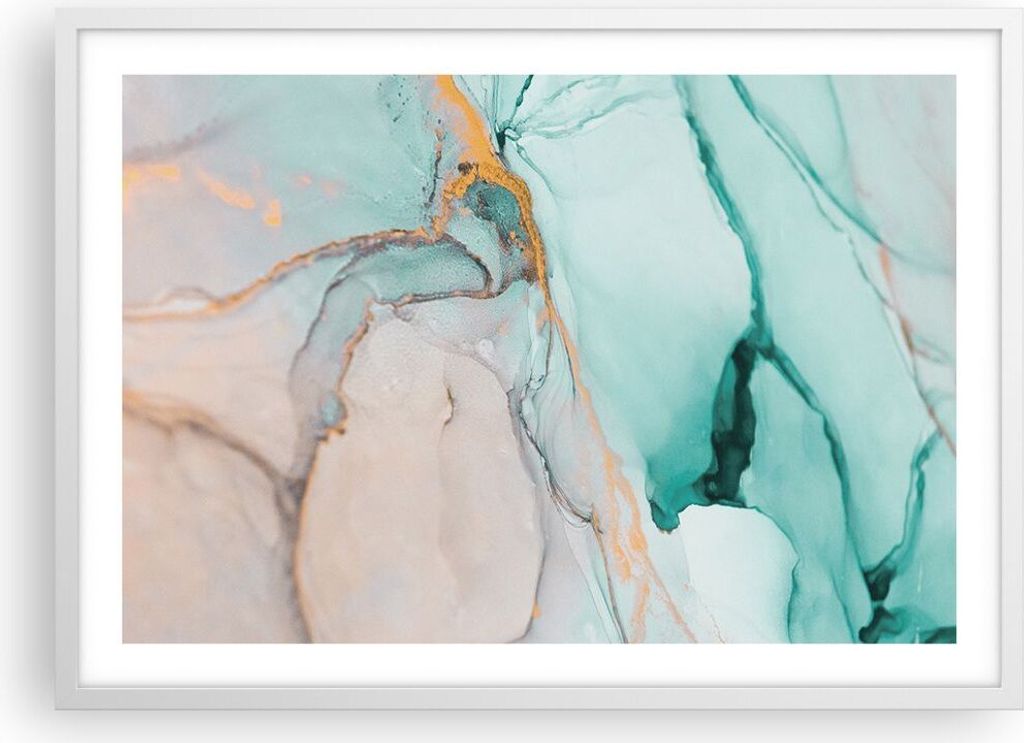 Gerahmtes Poster - Weißer Rahmen - Marmor Abstraktion Türkis - 70x50 cm - Wand Bild - Wanddeko - Wandbilder - Kunstposter - Wandposter - Bilderra...