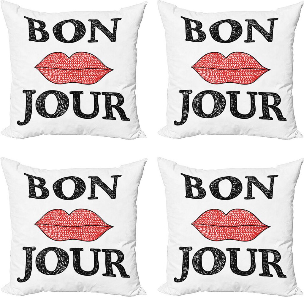 ABAKUHAUS Lebensstil Kissenbezug Set (4 Stück), Vintage Bon Jour Wörter, Moderner Doppelseitiger Digitaldruck, 40 cm x 40 cm, Schwarz Rot