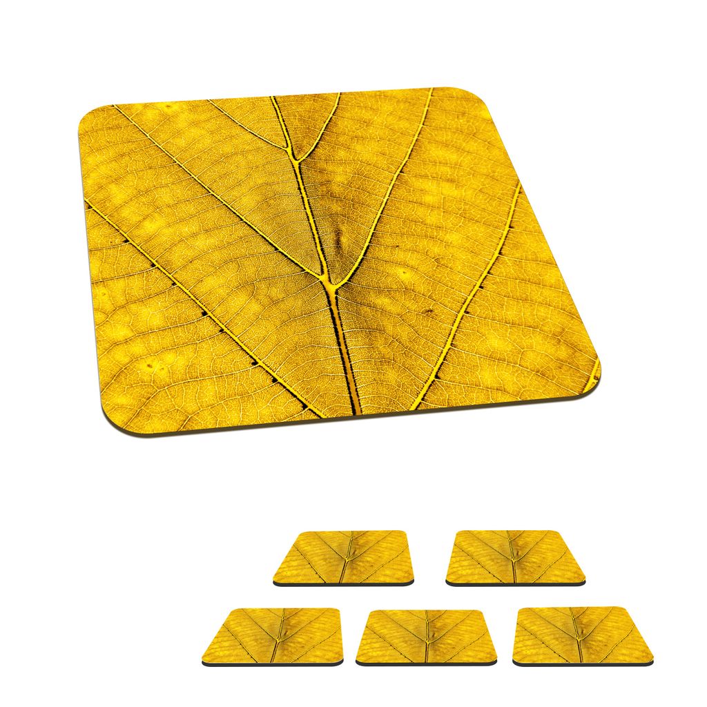 KitchenYeah Glasuntersetzer Quadratisch 6er Set Blätter - Pflanzen - Gelb 10x10 cm Untersetzer für Gläser - Getränkeuntersetzer - Tischplatte...