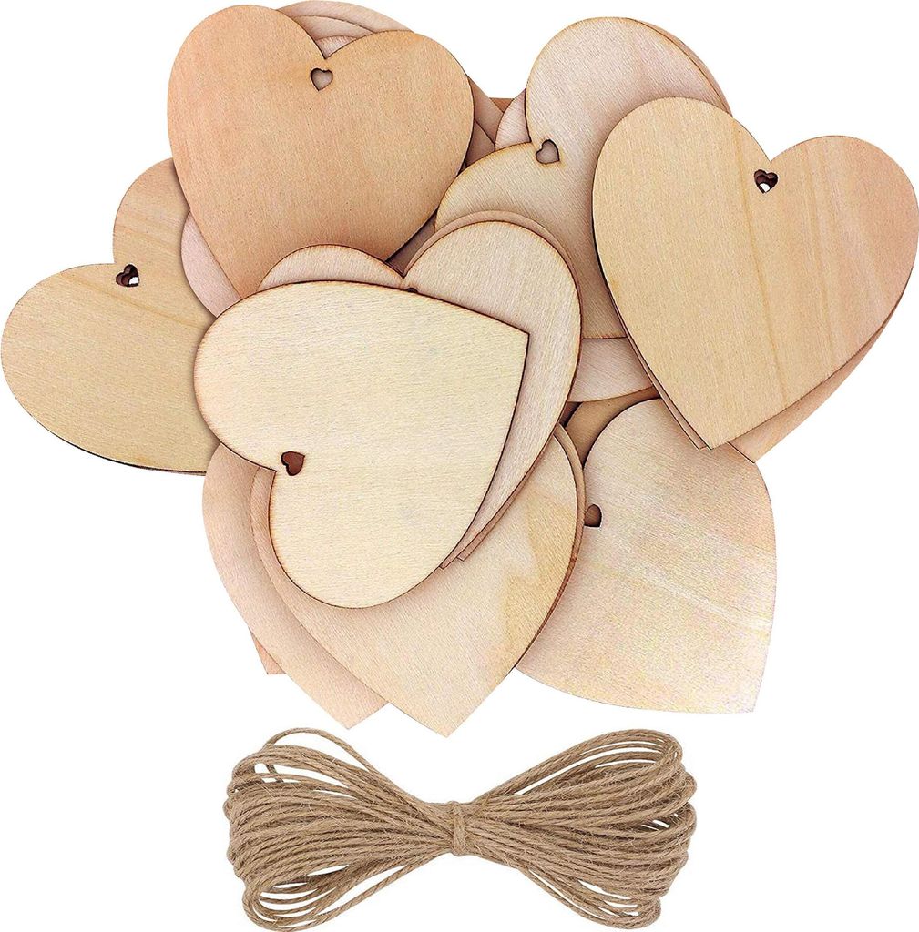 Kurtzy 50-er Pack Holzherzen mit 10m Jute Schnur - 10x10cm Streudeko Set Holz Herzen Unbehandelt mit Loch zum Beschriften - Holzherz Deko für Hochzeit, Party, Jubiläum, Geschenkanhänger, zum Basteln