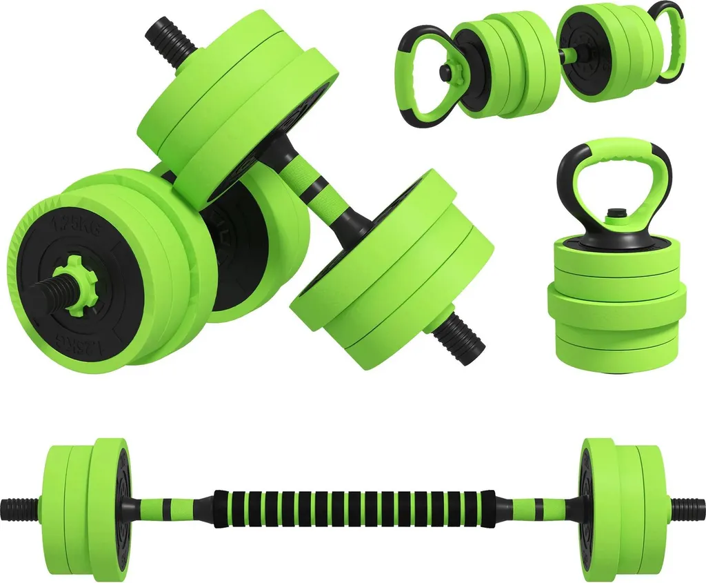 Jeu d'haltères 4 en 1 de 20 kg avec kettlebell et barbell en vert