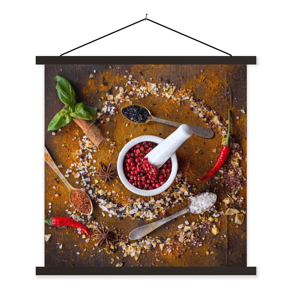MuchoWow Textilposter Mörser - Kräuter - Löffel - Gewürze - Braun - Pfeffer 40x40 cm mit schwarzem Rahmen - Fotos