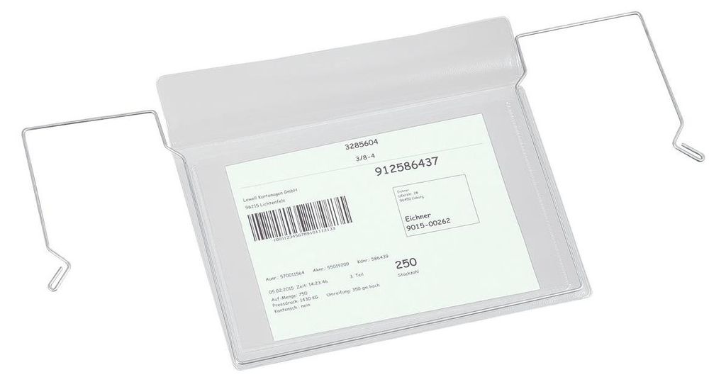 Drahtbügel-Sichttasche, mit Klappe, zur Anbringung an Gitterboxen, Transportkisten, Kartons, Kunststoffkästen etc, Maße (BxH) 195 x 185 mm, Form...