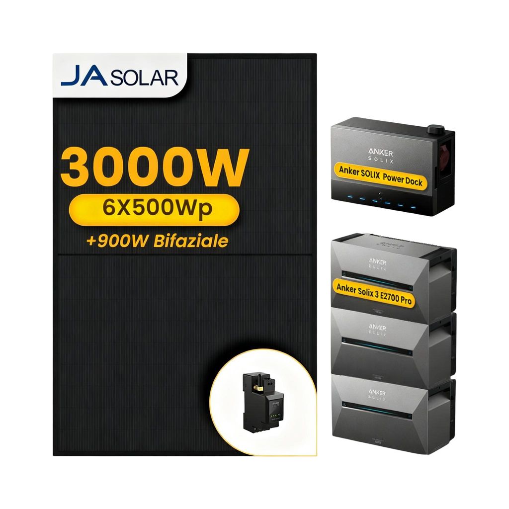 Powerness Balkonkraftwerk mit Speicher, Anker Multisystem SOLIX Solarbank Power Dock mit 3x Solarbank 3 E2700 Pro Speicher und 6x 500W JA Solar Mo...