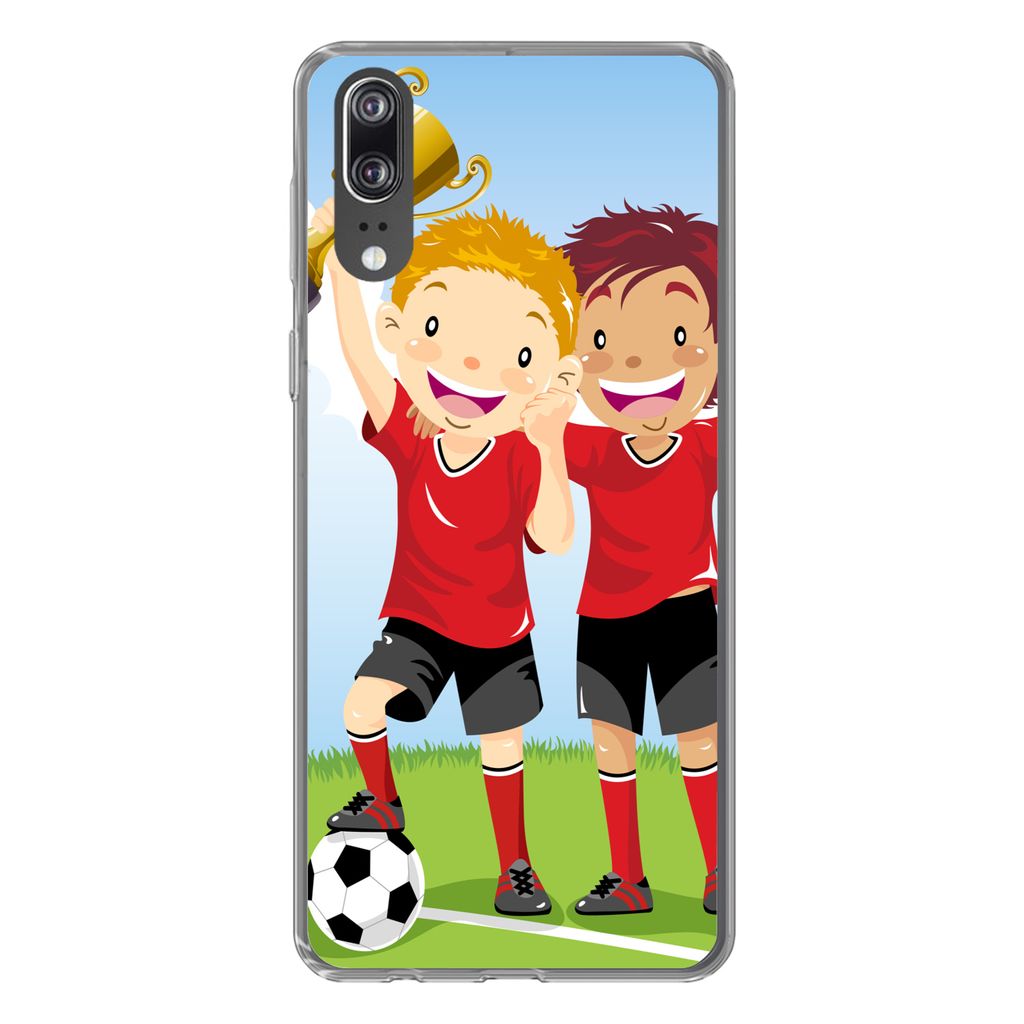 MuchoWow Handyhülle Schutzhülle Hülle für Huawei P20 Eine Illustration von zwei Fußballspielern, die einen Preis gewonnen haben - Jungen - M...