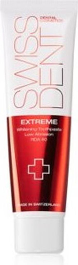 A tube of Swissdent Extreme Whitening Toothpaste.