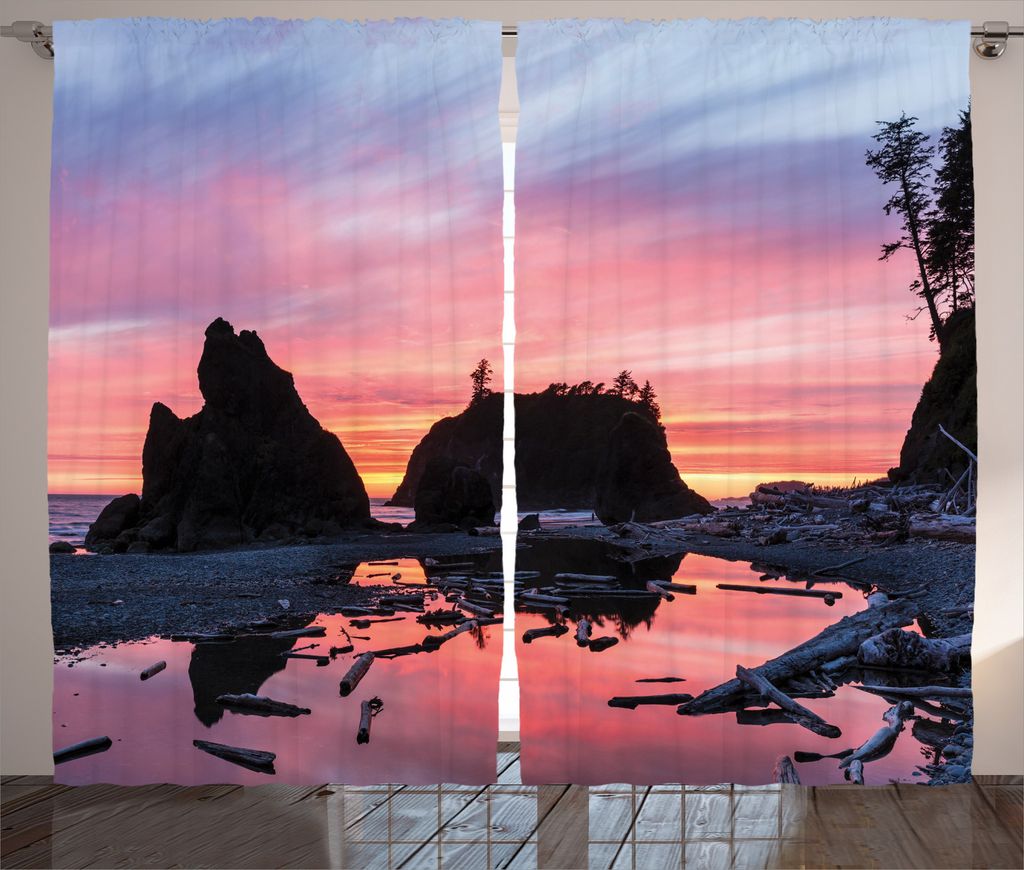 ABAKUHAUS Natur Rustikaler Gardine, Mystic Beach Skyline, Schlafzimmer Kräuselband Vorhang mit Schlaufen und Haken, 280 x 245 cm, Mehrfarbig