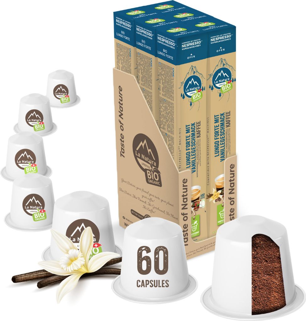 Lungo Forte Vanille Kaffee - 60 Kaffeekapseln | La Natura Lifestyle Organic 306g| biobasiert | Nespresso *³ kompatible