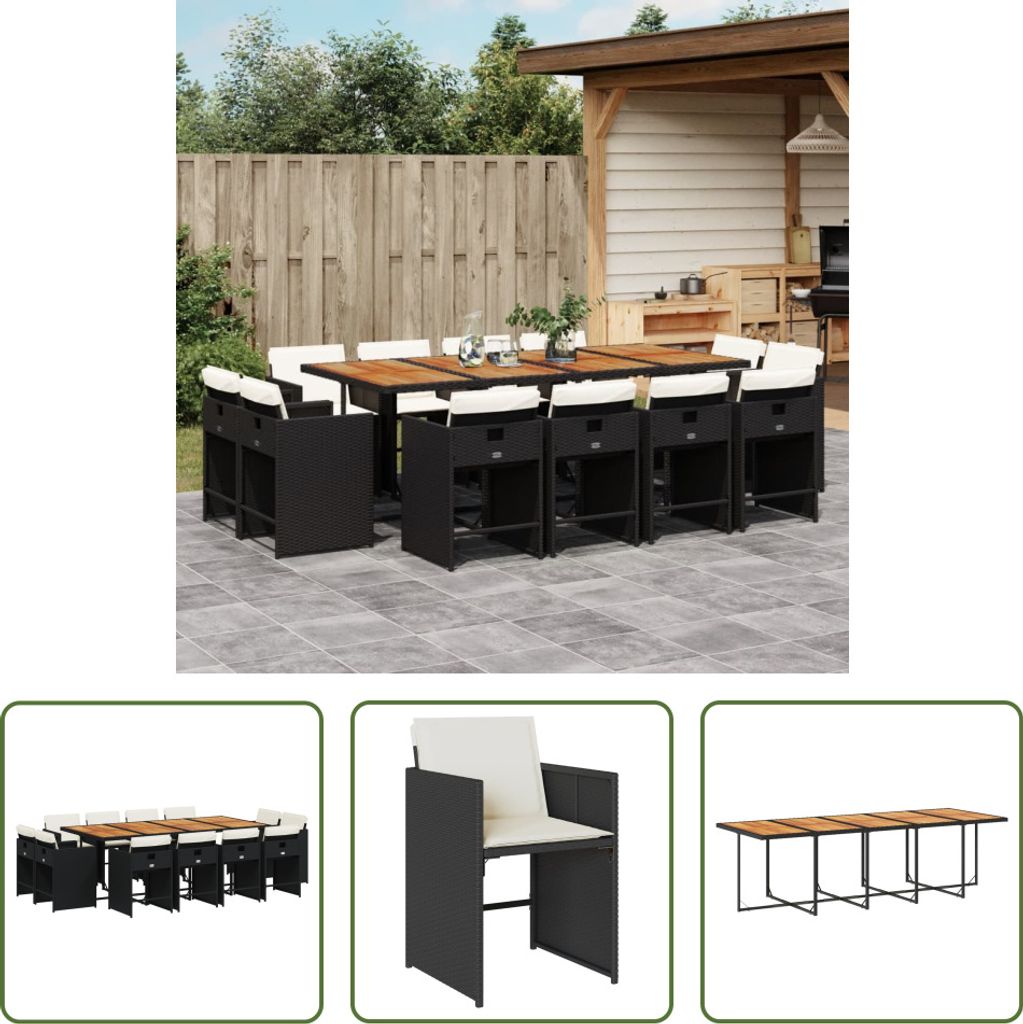 The Living Store 13-tlg. Garten-Essgruppe mit Kissen Schwarz Poly Rattan