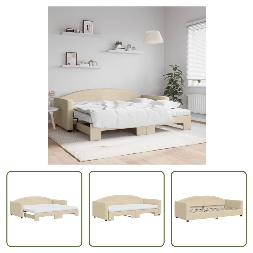 The Living Store Tagesbett Ausziehbar mit Matratzen Creme 90x200 cm Stoff