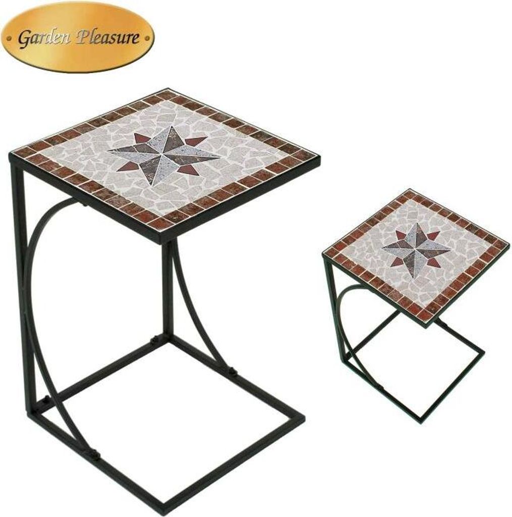 Two mosaic-topped side tables with black metal frames are displayed against a white background. The larger table is in the foreground and to the left, while the smaller table is in the background and to the right.