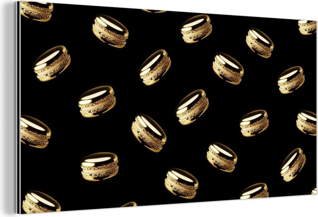 MuchoWow Wanddekoration Metall Metallbild Wandkunst 120x60 cm Makronen - Muster - Gold - Schwarz MuchoWow Aluminium Gemälde - Metalbilder