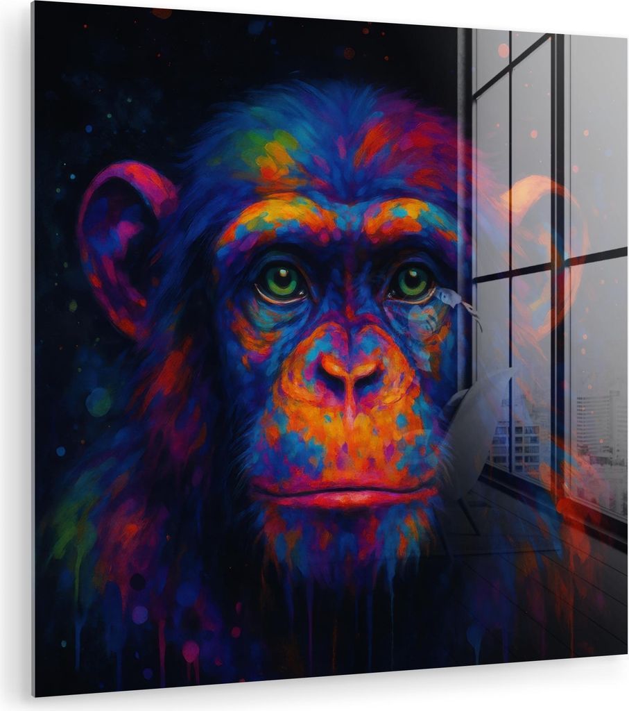 MuchoWow Glasbilder - Bilder auf Wandbild - Foto auf Glas Bunt - Affe - Abstrakt 90x90 cm Wanddekoration aus Glas - Acrylglasbild - Acrylbilder - W...