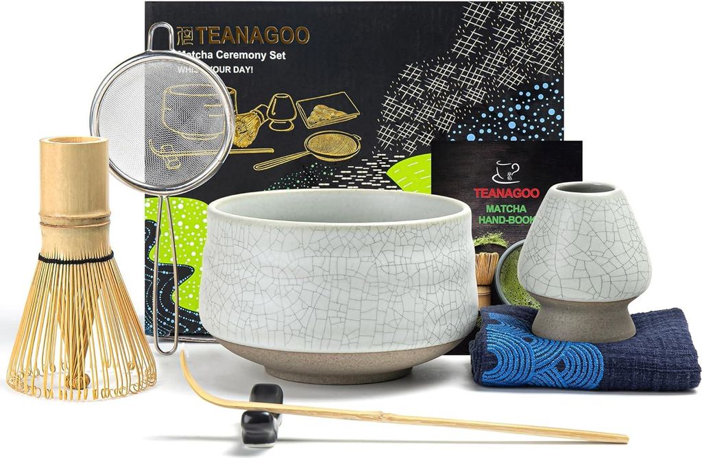 Japanisches Matcha-Garnitur-Set mit Bambusbesen und Löffel - Chasen und Chashaku - Besenhalter - N5 Matcha grüner Teepulver