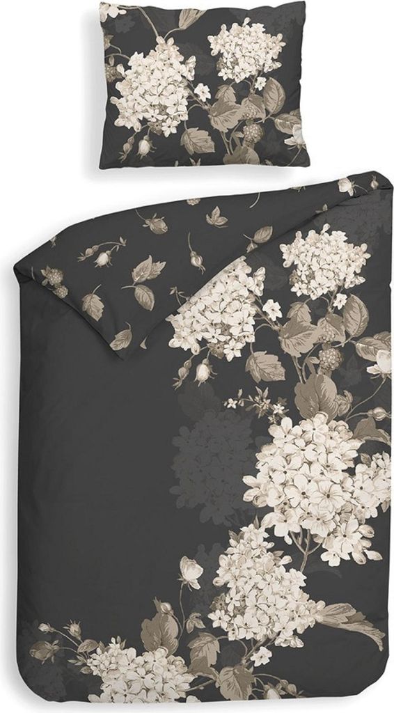 Heckett & Lane Satin Bettwäsche 155x220 Ivy Classic Anthracite Blüten grau weiß