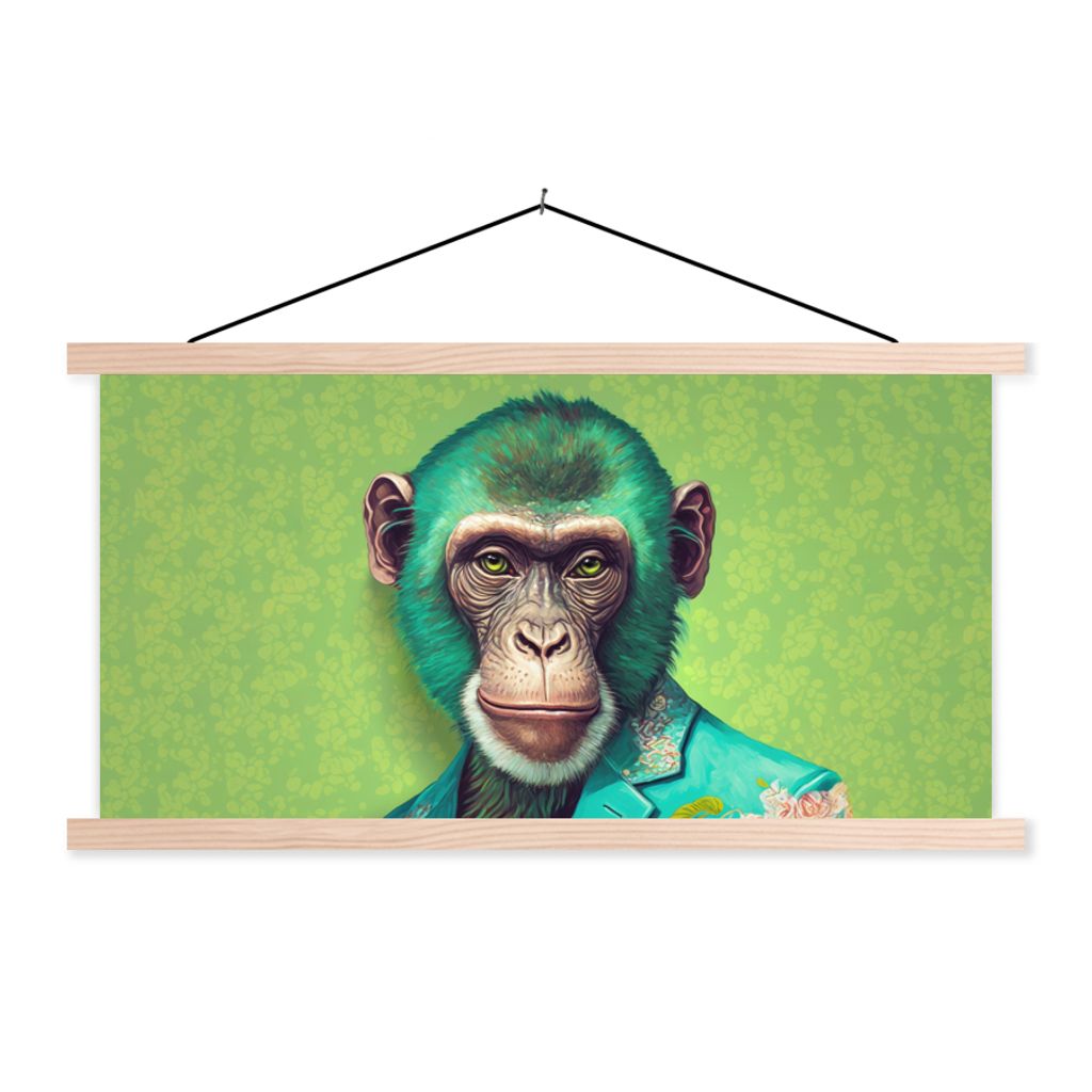 MuchoWow Textilposter Affe - Colbert - Blumen - Neon - Porträt 120x60 cm mit holzfarbenen Rahmen - Klemmleiste