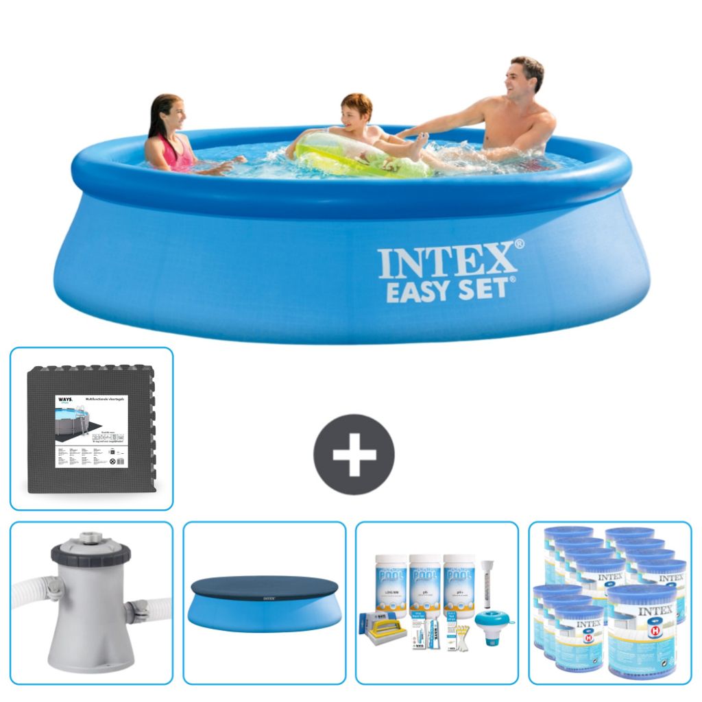 Intex runder aufblasbarer Easy Set-Schwimmpool – 305 x 76 cm – Blau – inklusive Pumpe Abdeckung - Wartungspaket - Filter - Bodenfliesen