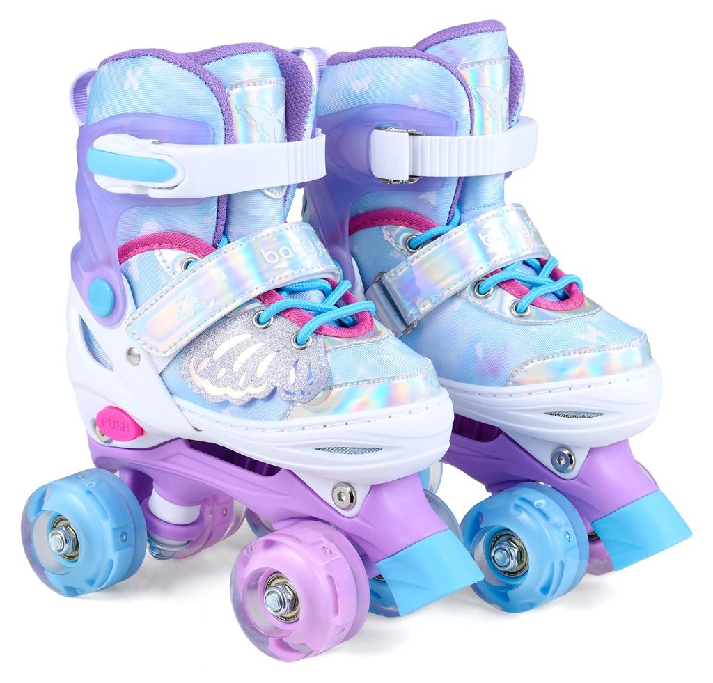 COSTWAY Kinder Rollschuhe Schmetterling mit 4 leuchtenden Rädern, Quad Skates 4 Größen 30-33 verstellbar, Kinderrollschuhe Rollerskates für Kin...
