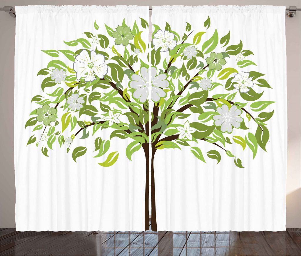 ABAKUHAUS Natur Rustikaler Vorhang, Sommer-Blüten, Wohnzimmer Universalband Gardinen mit Schlaufen und Haken, 280 x 245 cm, Grün Braun Weiß