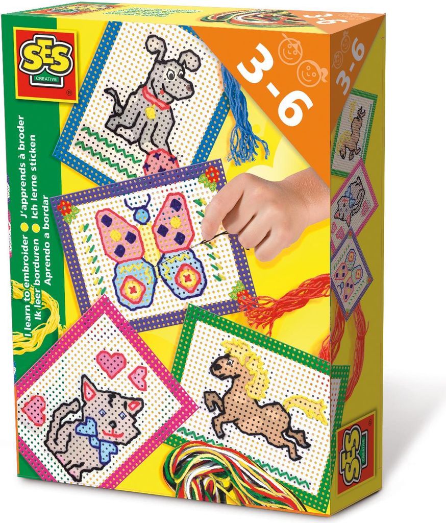 SES Stickset Ich lerne Sticken mit Katze, Schmetterling, Pferd, Hund und vorgedruckten Stickkarten