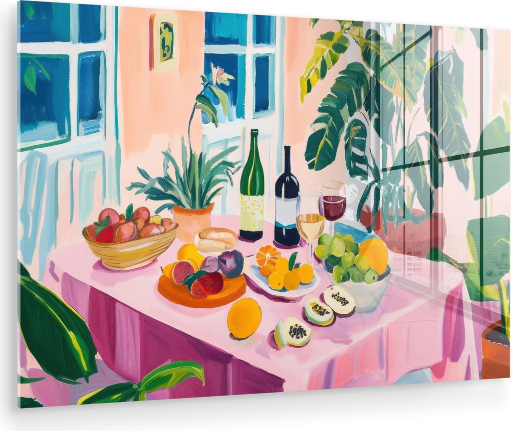 MuchoWow Glasbilder - Bilder auf Wandbild - Foto auf Glas Tisch - Wein - Obst 120x80 cm Wanddekoration aus Glas - Acrylglasbild - Acrylbilder - Abb...