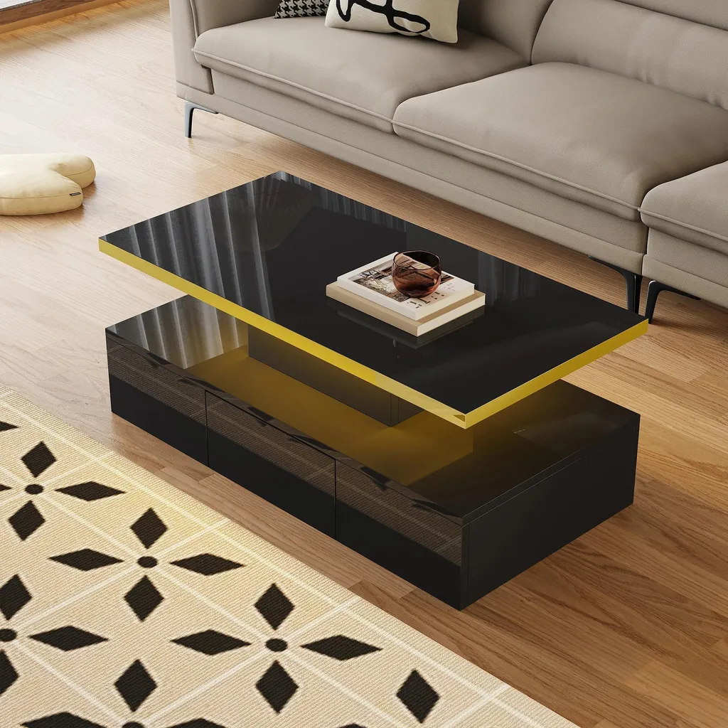 Table Basse Brillante à 2 Niveaux - Finition Laquée et Tiroirs Intégrés