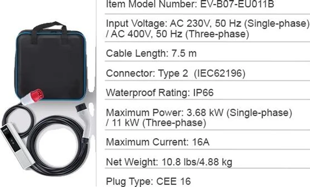 Chargeur EV Portable 11kW CEE16A triphasé Type 2 - Puissance 16A MAX