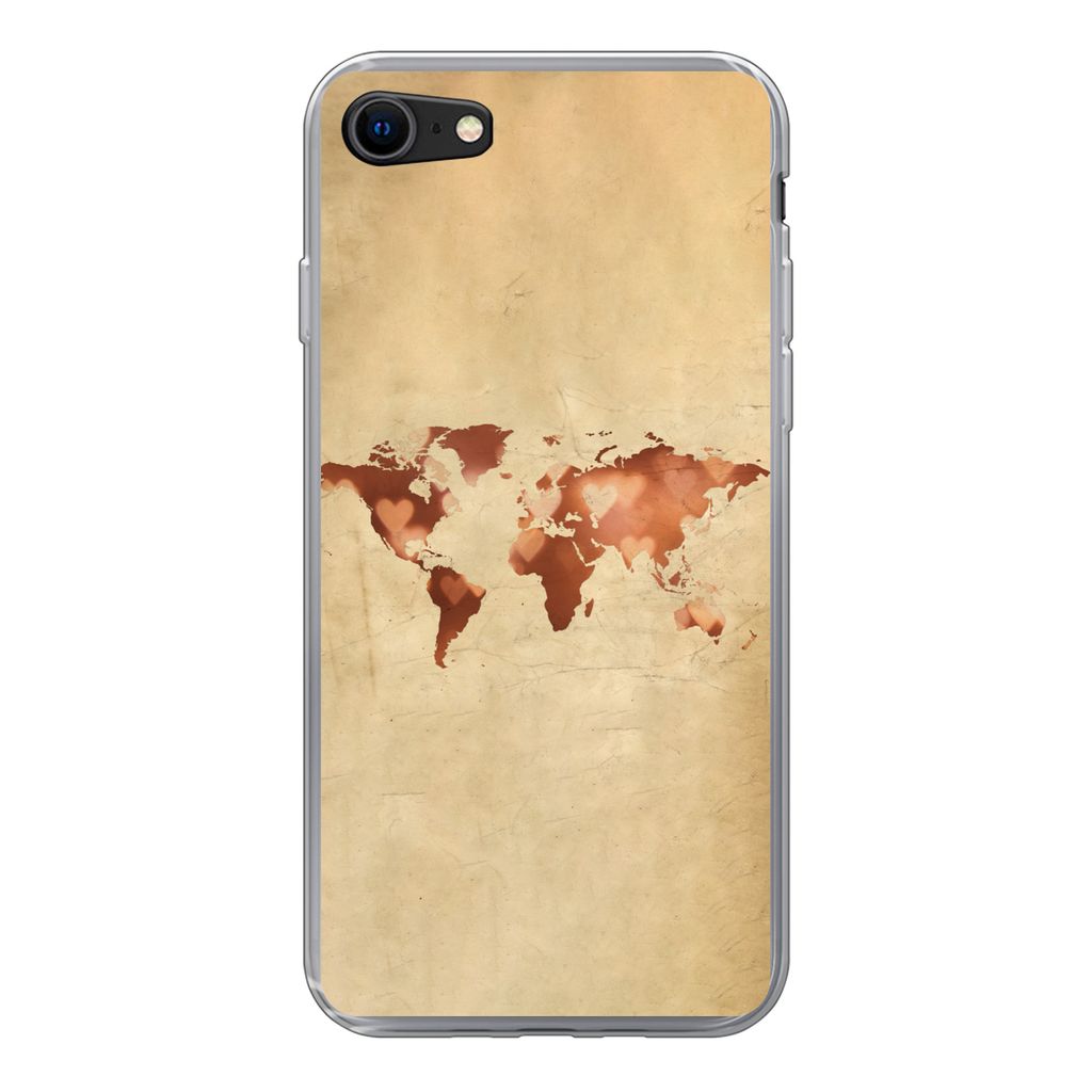 MuchoWow Handyhülle Schutzhülle Hülle für iPhone SE 2020 Weltkarte - Herz - Braun Silikon Softcase Handy Hülle - Kartenbesitzer