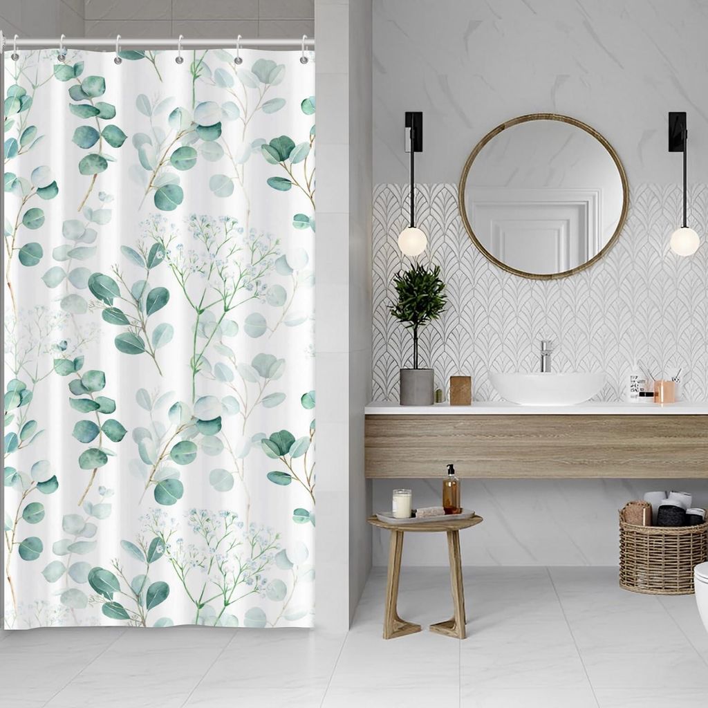 Duschvorhang mit Eukalyptusblättern, 90x180 cm, frühlingshafte türkisfarbene Eukalyptusblätter und -blüten, schmal, waschbar, Polyestergewebe,...