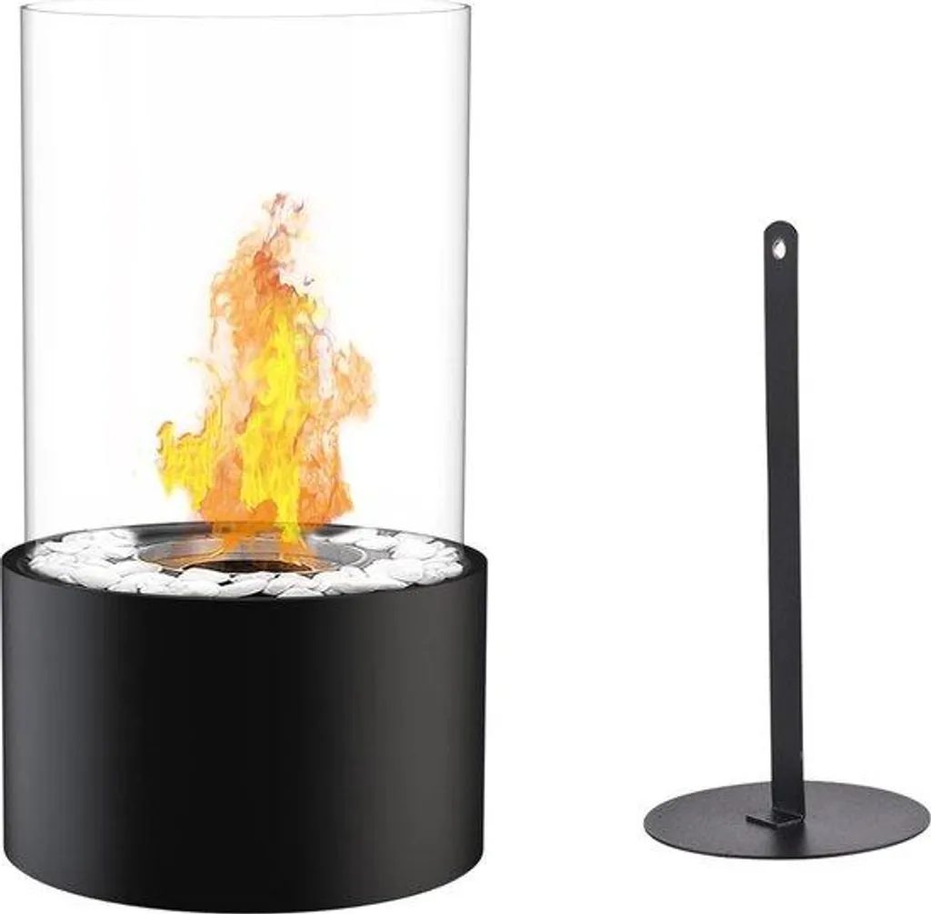 Cheminée éthanol design verre et acier - Pierres blanches de décoration
