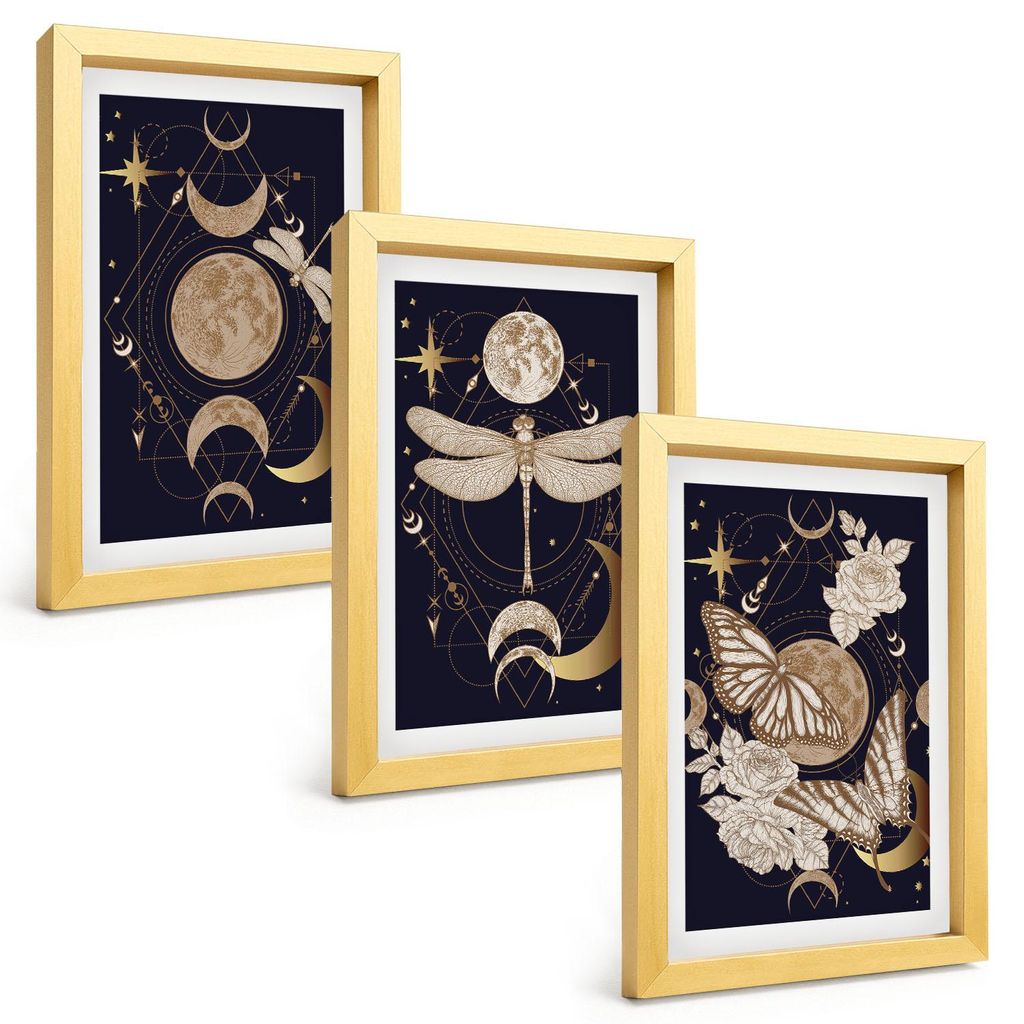 Bilder Set 3-teilig im Goldrahmen Rahmen – Wandbilder 3 Stück – gerahmte Poster für Wohnzimmer, Schlafzimmer und Flur – 20x30 cm – Naturm...