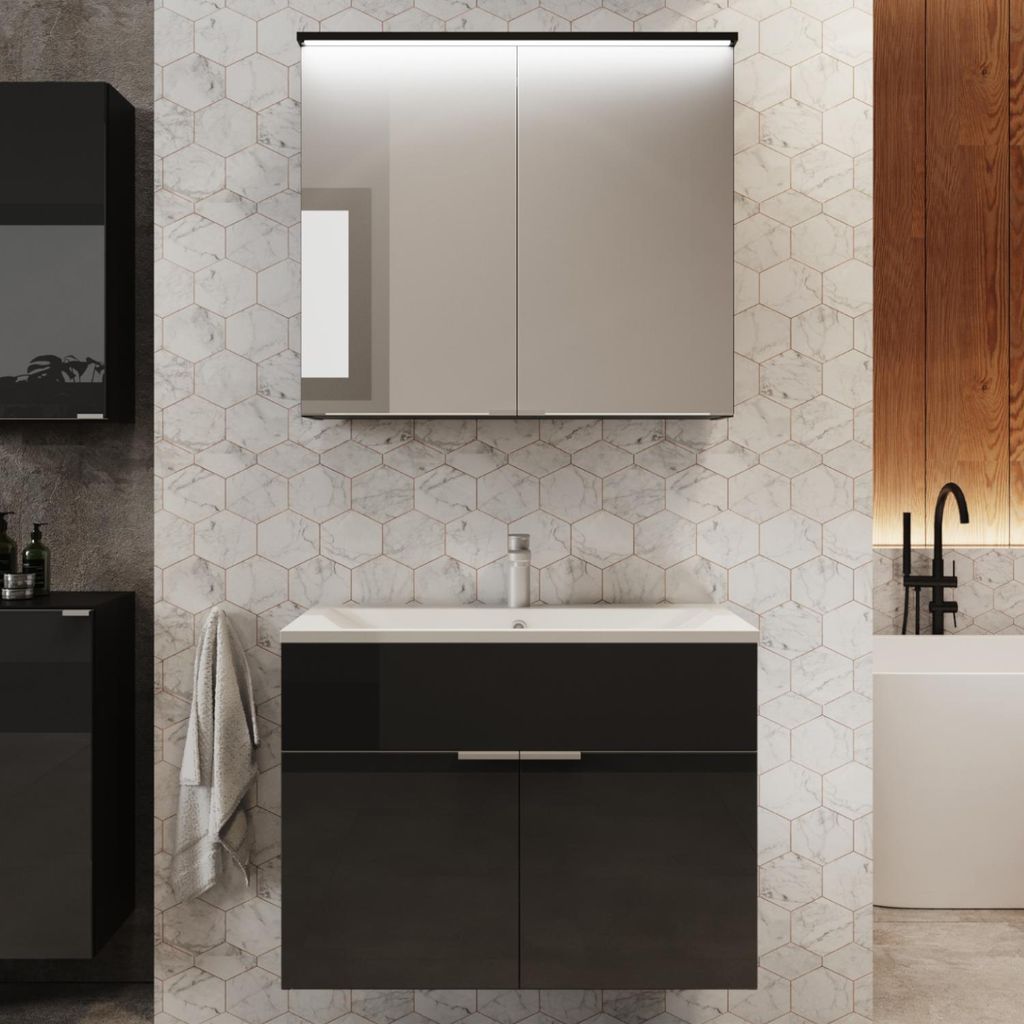 Badmöbel Set ZONE mit Keramik Waschbecken Graphite Hochglanz - Front aus Glas Spiegel Badezimmermöbel Waschtisch Badmöbelset