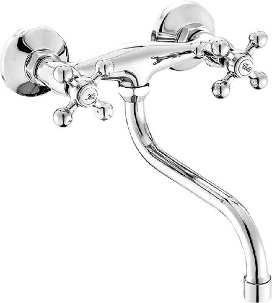 A chrome-plated wall-mounted faucet with two cross-shaped handles for hot and cold water.