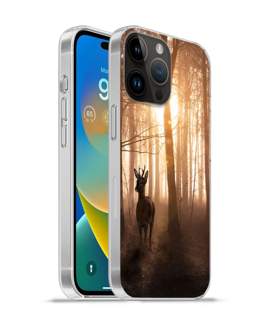 MuchoWow Handyhülle Schutzhülle Hülle für Apple iPhone 14 Pro - Softcase Wald - Hirsche - Sonne - Bäume - Winter - Natur - Tiere Silikon Sof...