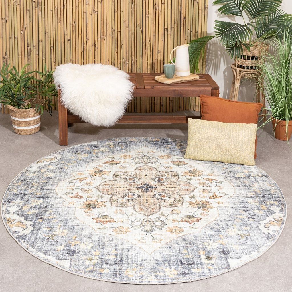 Vintage Gartenteppich Rund - Santo Mandala Blau Grau - Ø 160 cm - Balkon, Garten / Terrasse - FRAAI | Home & Living - Orientalisch