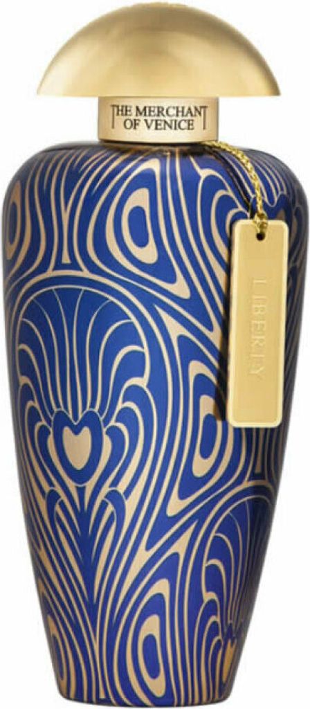 A perfume bottle with a blue and gold patterned design.