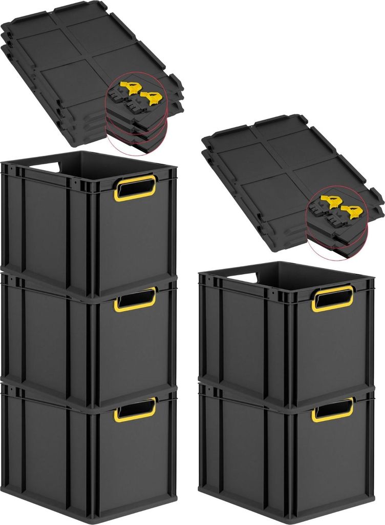 SuperSparSet 5x Eurobox NextGen Color mit Scharnierdeckel und Schiebeschnappverschlüssen | HxBxT 32x30x40cm | 30 Liter | Schwarz | Griffe gelb off...