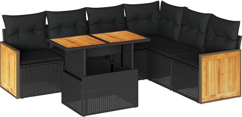 7-tlg. Garten-Sofagarnitur mit Kissen Schwarz Poly Rattan