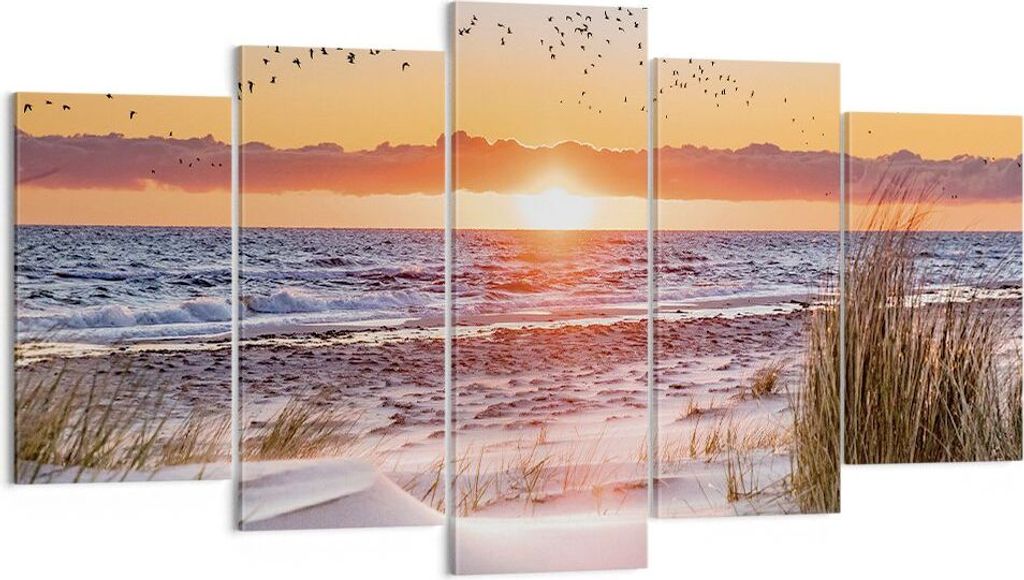Bild auf Leinwand - Leinwandbild - 5 Teile - Sonne Strand Vögel - 160x85cm - Wand Bild - Wanddeko - Wandbilder - Leinwanddruck - Bilder - Wanddeko...