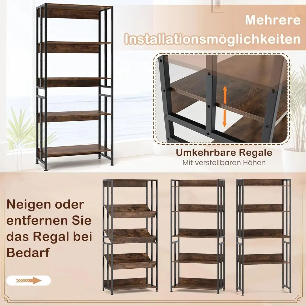 Étagère de rangement à 5 étages bibliothèque industrielle marron bois