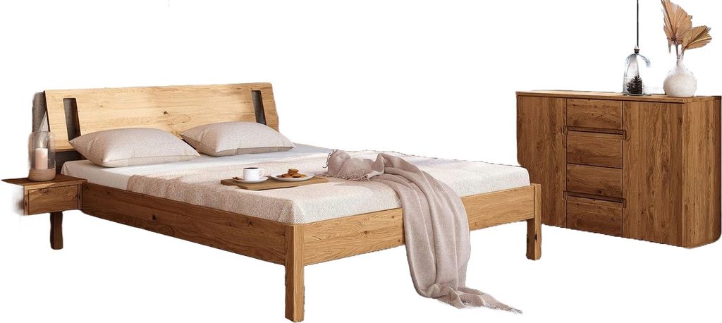Bett Bento 8 aus Wildeiche massiv 200x200 cm mit Holzkopfteil und Holzbeinen