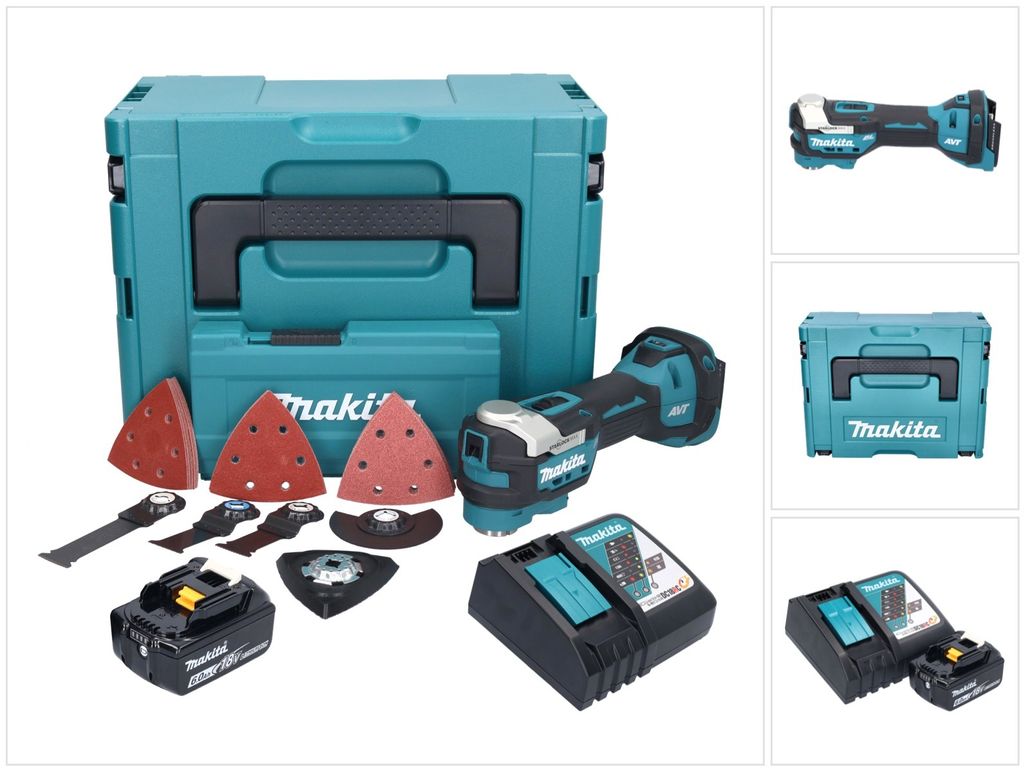 Makita DTM 52 RG1JX4 Akku Multifunktionswerkzeug 18 V Starlock Max Brushless + 1x Akku 6,0 Ah + Ladegerät + Zubehör Set + Makpac