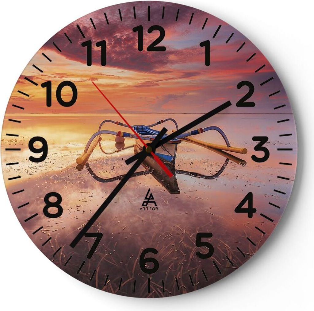Wanduhr - Rund - Glasuhr - Łódź Westen Die Sonne - 40x40cm - Schleichendes Uhrwerk - Lautlos - zum Aufhängen bereit - Dekoration Modern - Wandd...